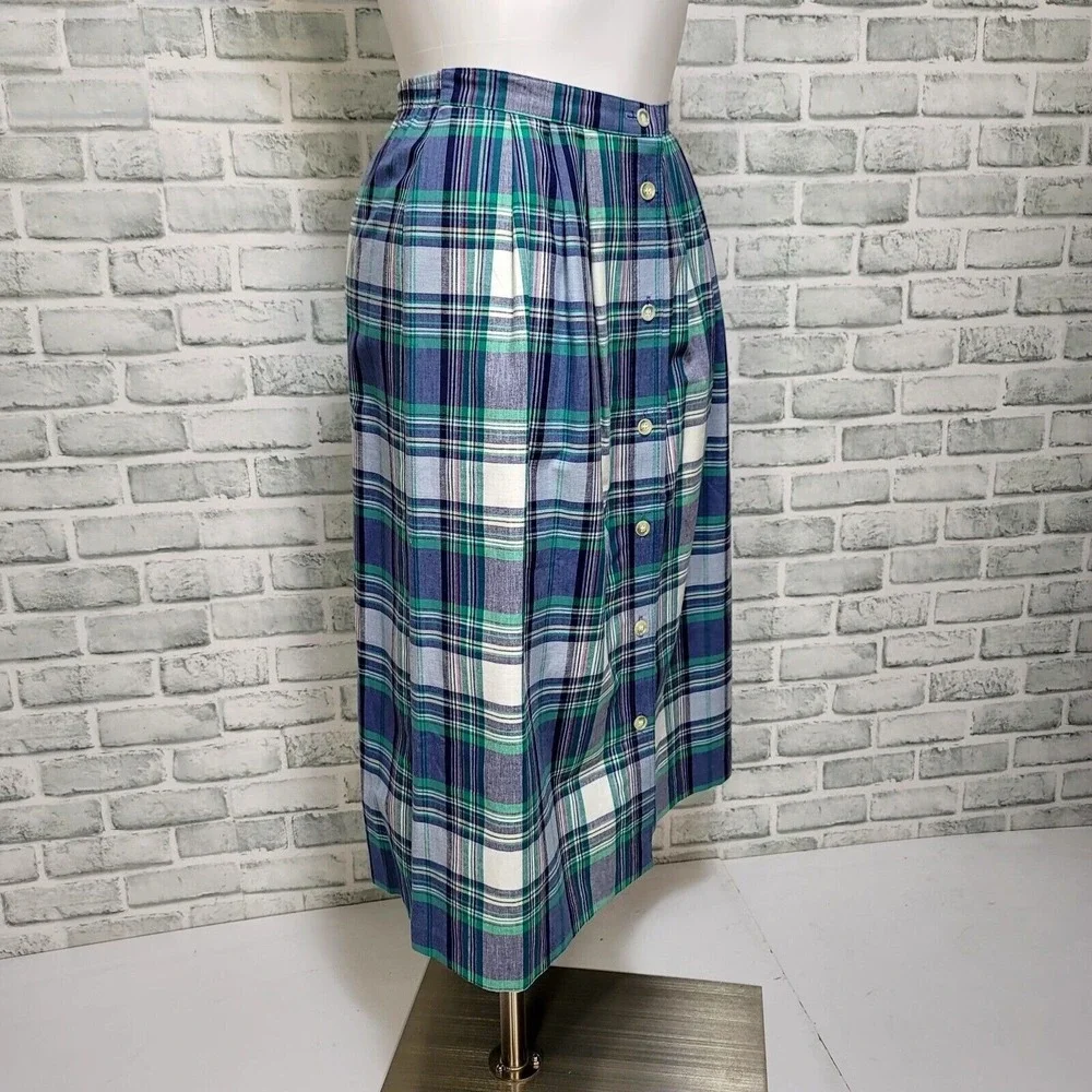 Alfred Dunner Plaid Button Front Midi Skirt Blue Green Cotton Blend Size‎ 12 VTG - Picture 4 of 8